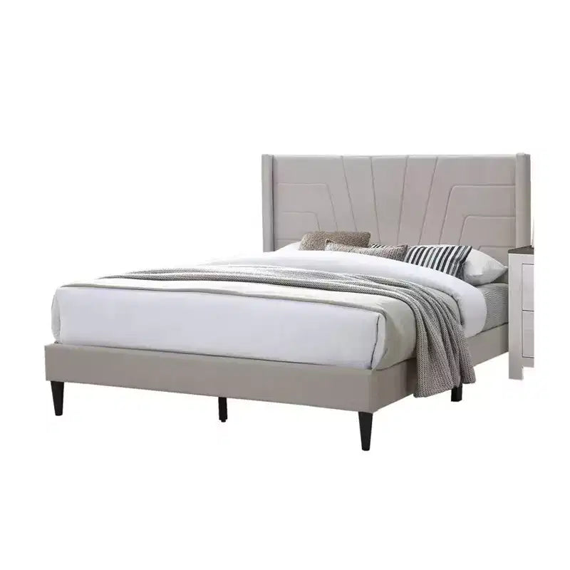 Lit Queen Size avec Tête de Lit Capitonnée, Rembourrage en Toile de Jute Marron, Bois