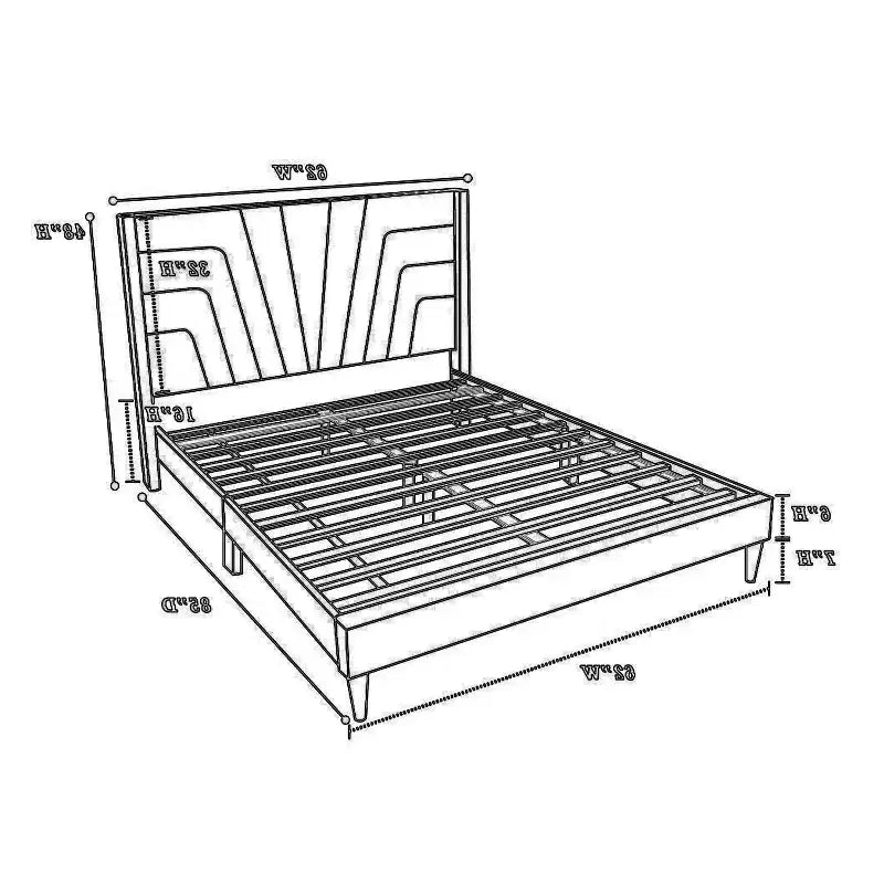 Lit Queen Size avec Tête de Lit Capitonnée, Rembourrage en Toile de Jute Marron, Bois