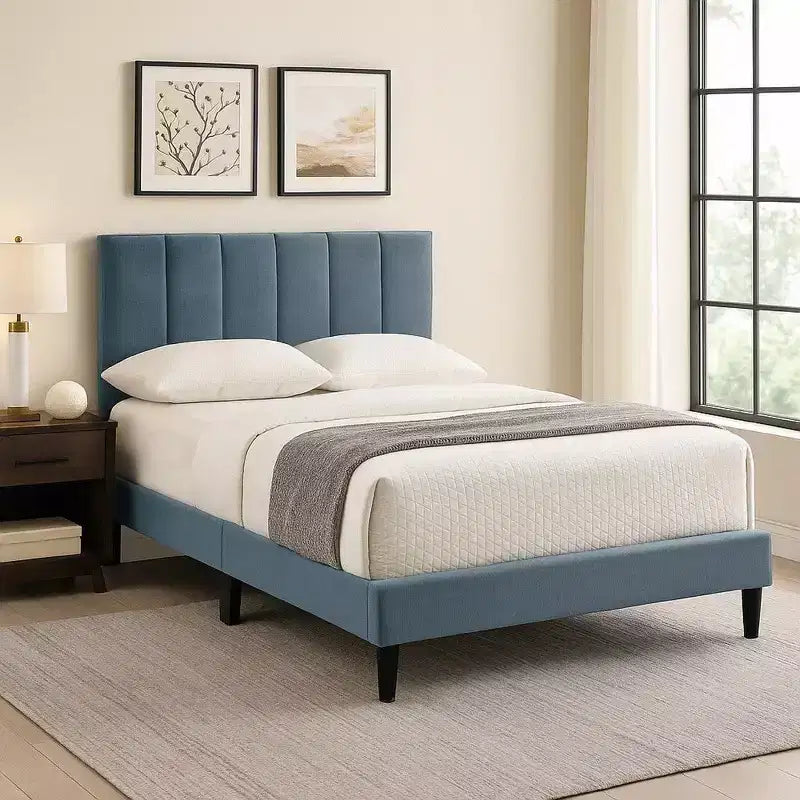  Full Bed, Soft Channel Tufted Light Gray Linen Upholstery