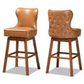 2pc  Tan Wood Swivel Barstool Set Brown - : Upholstered, Nailhead Trim, Rectangle Shape