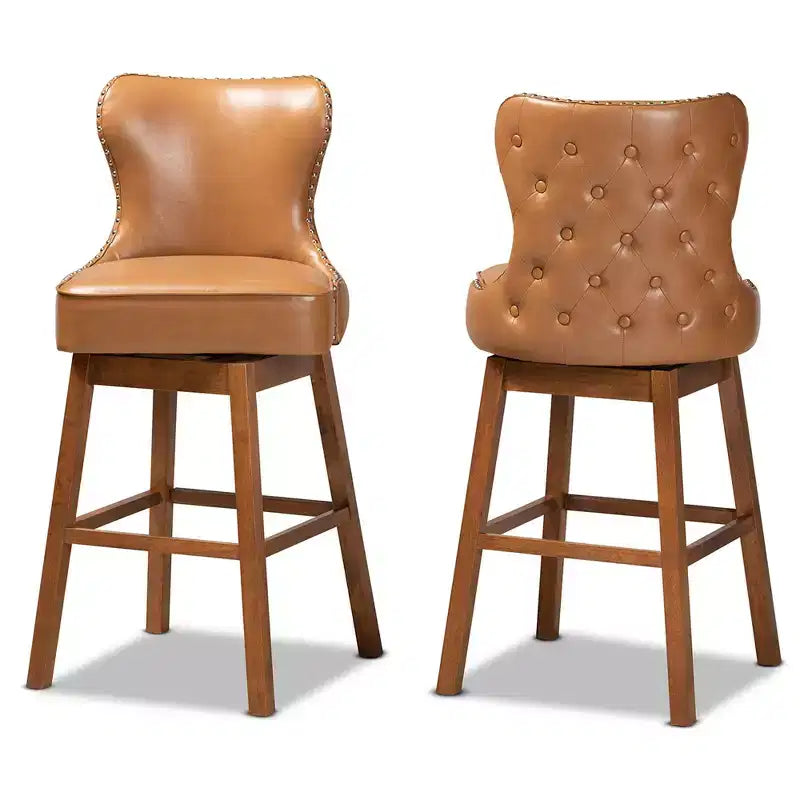Lot de 2 tabourets de bar pivotants en bois couleur havane marron - : Rembourré, clouté, forme rectangulaire