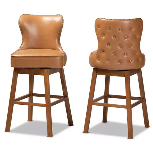 Lot de 2 tabourets de bar pivotants en bois couleur havane marron - : Rembourré, clouté, forme rectangulaire