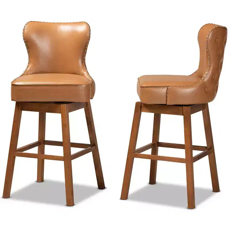 Lot de 2 tabourets de bar pivotants en bois couleur havane marron - : Rembourré, clouté, forme rectangulaire