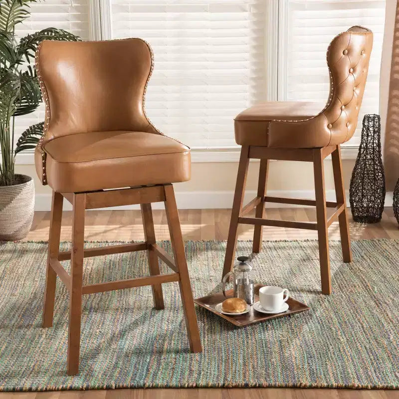 Lot de 2 tabourets de bar pivotants en bois couleur havane marron - : Rembourré, clouté, forme rectangulaire