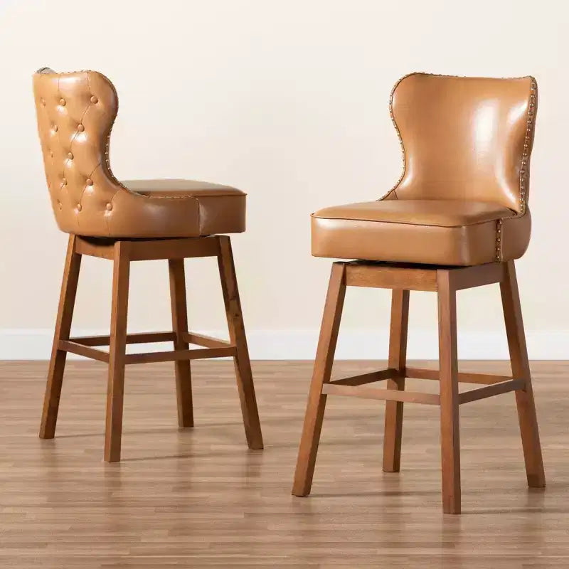 Lot de 2 tabourets de bar pivotants en bois couleur havane marron - : Rembourré, clouté, forme rectangulaire