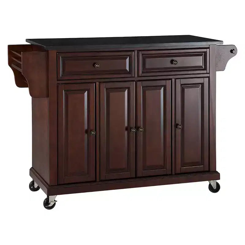 Desserte/Îlot de Cuisine en Granit Noir Massif – Acajou Vintage : Rangement sur Roulettes, Barre Porte-Serviette, 4 Portes
