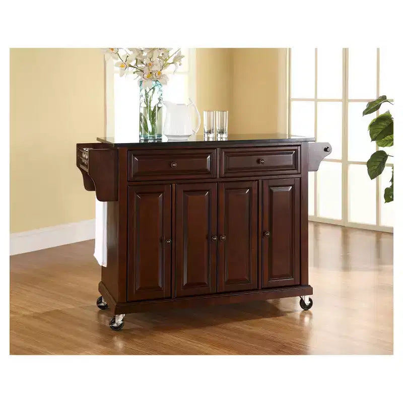 Desserte/Îlot de Cuisine en Granit Noir Massif – Acajou Vintage : Rangement sur Roulettes, Barre Porte-Serviette, 4 Portes