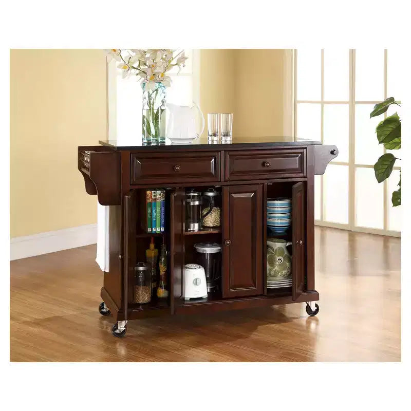 Desserte/Îlot de Cuisine en Granit Noir Massif – Acajou Vintage : Rangement sur Roulettes, Barre Porte-Serviette, 4 Portes