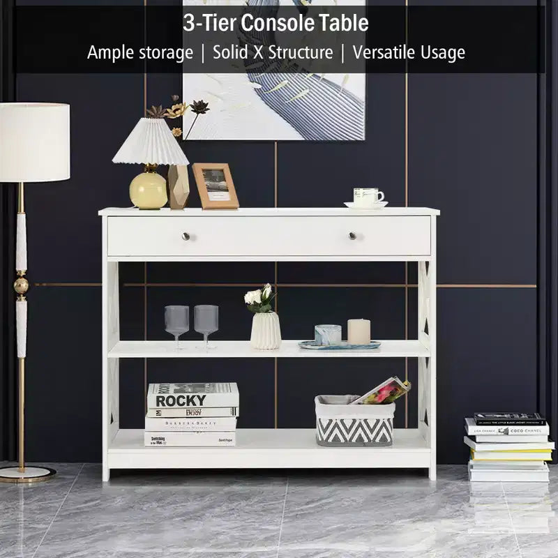 Console Table Tiroirs Étagères Table d'appoint Canapé Entrée Couloir Noir/Blanc