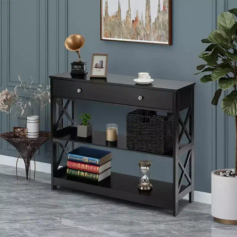 Console Table Tiroirs Étagères Table d'appoint Canapé Entrée Couloir Noir/Blanc