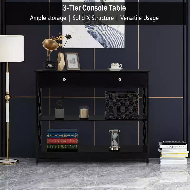 Console Table Tiroirs Étagères Table d'appoint Canapé Entrée Couloir Noir/Blanc